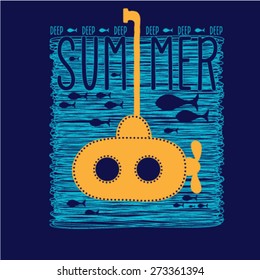 Summer graphic design with a yellow appliqued submarine. Deep summer Theme. Vector design.