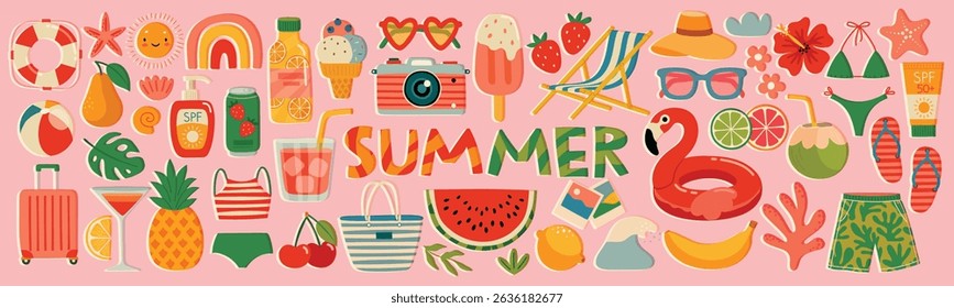 Summer  graphic elements set. Collection of Hand drawn summer food, drinks, fruits and other elements for your design. Vector illustration. 