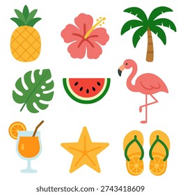 Summer graphic elements set on white background with watermelon, flamingo, and tropical decorative graphic.