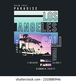 Summer Graphic Los Angeles CaliforniaTypography Gradient black Background palm tree resort beach scene vector illustration t shirt print graphic design vector