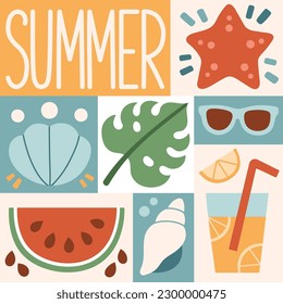 Afiche gráfico de verano. Tiempo de verano, patrones de fondo sobre el tema de verano, vacaciones, fin de semana, playa.