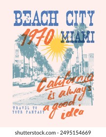 Impresión gráfica de verano. Vintage diseño de impresión de playa. Ciudad de la playa Miami tipografía de eslogan texto de impresión artwork. Diseño de camiseta de verano de California