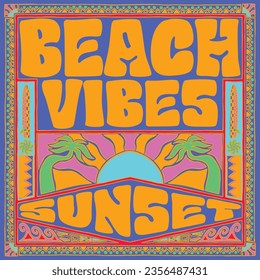 Summer Graphic Retro Hand drawn palm beach scene t shirt print design vector Vintage 80s Neon Beach Vibes Sunset Bright and Colorful Concepts