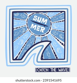 Summer graphic slogan with cute shark, whale, dolphin outline cartoon in frame isolated on white background illustration vector.