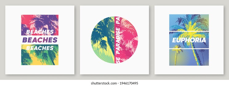 Summer graphic tee designs with palm trees, stylish prints, colorful vector illustrations.