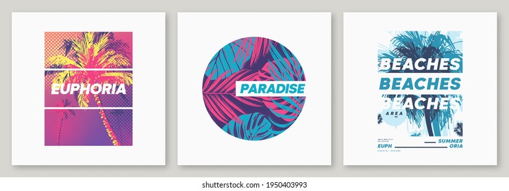 Summer graphic tee designs with palm trees, stylish prints, colorful vector illustrations.