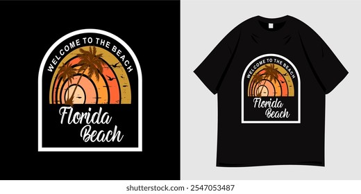 Summer graphic t-shirt design. Vector illustration of beach, paradise island, california, tropical, palm tree silhouette, sunset. Ready to print for poster, apparel, tee and clothes trendy style.
