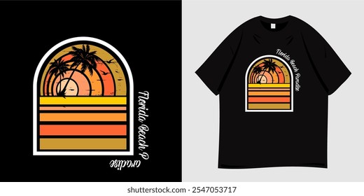 Summer graphic t-shirt design. Vector illustration of beach, paradise island, california, tropical, palm tree silhouette, sunset. Ready to print for poster, apparel, tee and clothes trendy style.