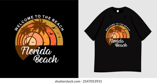 Summer graphic t-shirt design. Vector illustration of beach, paradise island, california, tropical, palm tree silhouette, sunset. Ready to print for poster, apparel, tee and clothes trendy style.