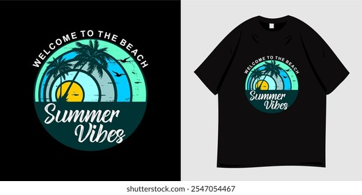 Summer graphic t-shirt design. Vector illustration of beach, paradise island, california, tropical, palm tree silhouette, sunset. Ready to print for poster, apparel, tee and clothes trendy style.