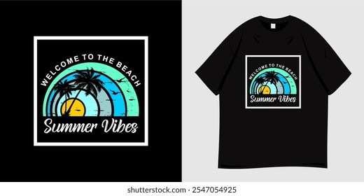 Summer graphic t-shirt design. Vector illustration of beach, paradise island, california, tropical, palm tree silhouette, sunset. Ready to print for poster, apparel, tee and clothes trendy style.