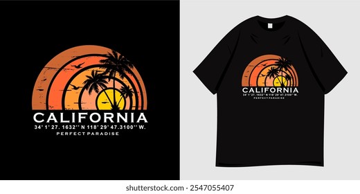 Summer graphic t-shirt design. Vector illustration of beach, paradise island, california, tropical, palm tree silhouette, sunset. Ready to print for poster, apparel, tee and clothes trendy style.