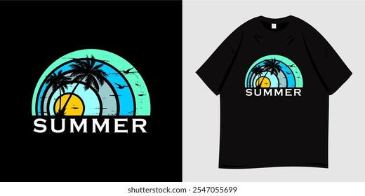 Summer graphic t-shirt design. Vector illustration of beach, paradise island, california, tropical, palm tree silhouette, sunset. Ready to print for poster, apparel, tee and clothes trendy style.