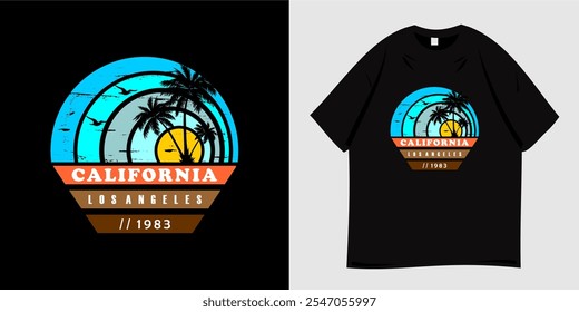Summer graphic t-shirt design. Vector illustration of beach, paradise island, california, tropical, palm tree silhouette, sunset. Ready to print for poster, apparel, tee and clothes trendy style.