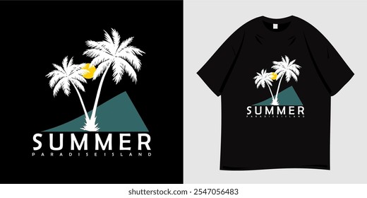 Summer graphic t-shirt design. Vector illustration of beach, paradise island, california, tropical, palm tree silhouette, sunset. Ready to print for poster, apparel, tee and clothes trendy style.