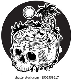 Summer Graphic T-shirt Design Women Floating In Scull Pool Floaty
