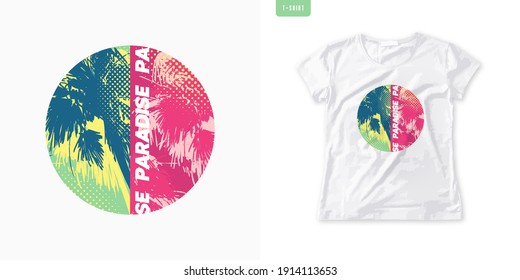 Summer Graphic Womens Tee With Palm Trees, Stylish Print, Colorful Vector Illustration.