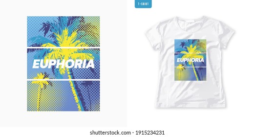 Summer graphic womens tee with palm trees, stylish print, colorful vector illustration.