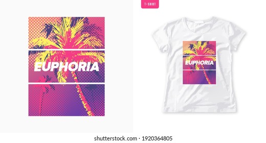 Summer graphic womens tee with palm trees, stylish print, colorful vector illustration.