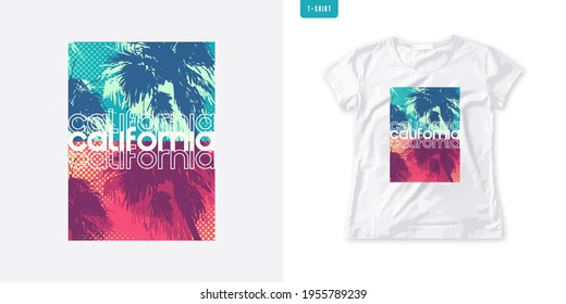Summer graphic womens tee with palm trees, stylish print, colorful vector illustration.