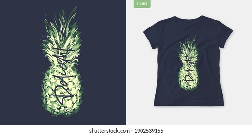 Summer graphic womens tee with pineapple, stylish print, vector illustration.