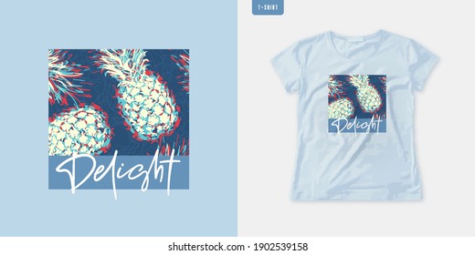 Summer graphic womens tee with pineapple, stylish print, vector illustration.