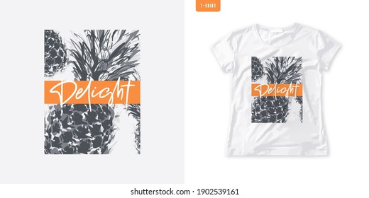 Summer graphic womens tee with pineapple, stylish print, vector illustration.