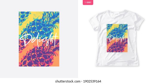 Summer graphic womens tee with pineapple, stylish print, vector illustration.