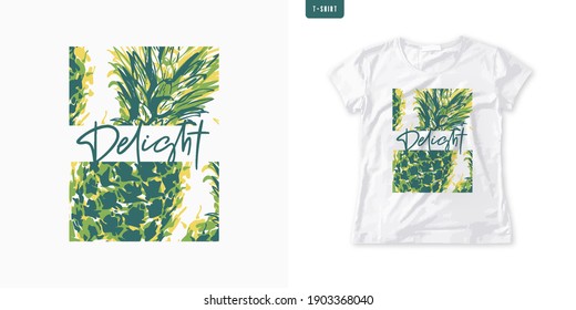 Summer graphic womens tee with pineapple, stylish print, vector illustration.