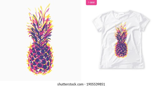 Summer graphic womens tee with pineapple, stylish print, vector illustration.