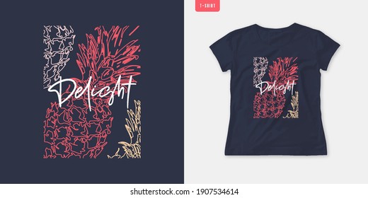 Summer graphic womens tee with pineapple, stylish print, vector illustration.