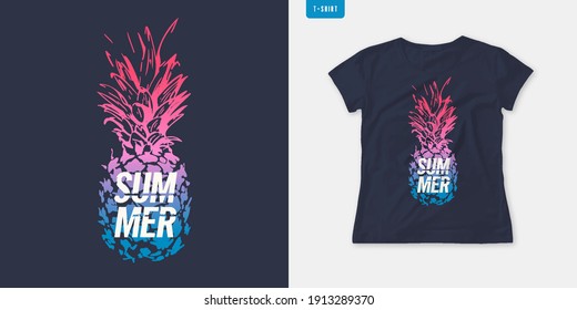 Summer graphic womens tee with pineapple, stylish print, vector illustration.