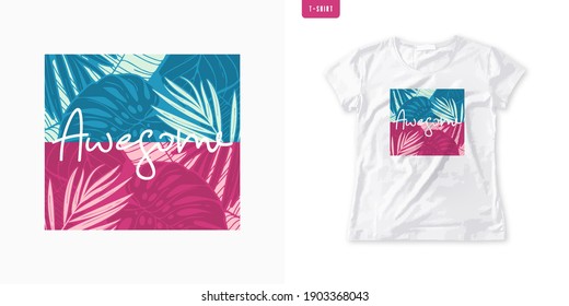 Summer graphic womens t-shirt design, colrful tropical print, vector illustration.