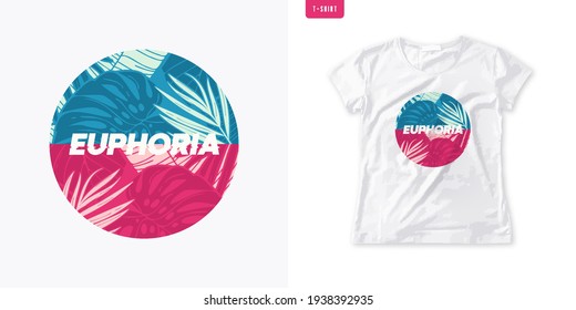 Summer graphic womens t-shirt design, colrful tropical print, vector illustration.