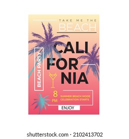 Summer Graphics California beach Party Typographic Poster Palm Tree Gradient Background Summer Poster  Tropical beach,Flyer,Invitation,Vector illustration T shirt graphic Print Design