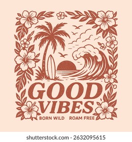 summer graphics print artwork. big waves t-shirt design. ride the waves slogan. men's graphic design. Hawaii beach vibes print design. beach tee for sea vibes, women's graphics. vintage t-shirt.  
