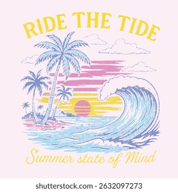 summer graphics print artwork. big waves t-shirt design. ride the waves slogan. men's graphic design. Hawaii beach vibes print design. beach tee for sea vibes, women's graphics. vintage t-shirt.  
