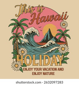 summer graphics print artwork. big waves t-shirt design. ride the waves slogan. men's graphic design. Hawaii beach vibes print design. beach tee for sea vibes, women's graphics. vintage t-shirt.  