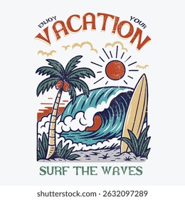 summer graphics print artwork. big waves t-shirt design. ride the waves slogan. men's graphic design. Hawaii beach vibes print design. beach tee for sea vibes, women's graphics. vintage t-shirt.  