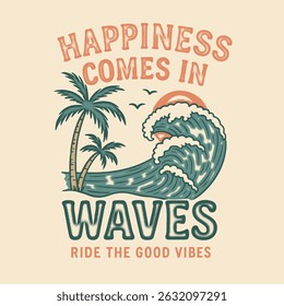summer graphics print artwork. big waves t-shirt design. ride the waves slogan. men's graphic design. Hawaii beach vibes print design. beach tee for sea vibes, women's graphics. vintage t-shirt.  