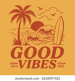 summer graphics print artwork. big waves t-shirt design. ride the waves slogan. men's graphic design. Hawaii beach vibes print design. beach tee for sea vibes, women's graphics. vintage t-shirt.  