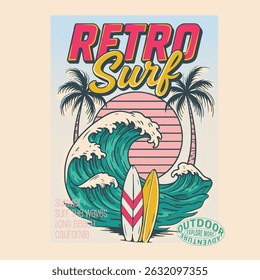 summer graphics print artwork. big waves t-shirt design. ride the waves slogan. men's graphic design. Hawaii beach vibes print design. beach tee for sea vibes, women's graphics. vintage t-shirt.  