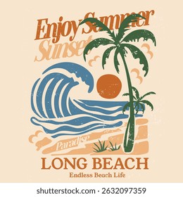 summer graphics print artwork. big waves t-shirt design. ride the waves slogan. men's graphic design. Hawaii beach vibes print design. beach tee for sea vibes, women's graphics. vintage t-shirt.  