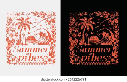 summer graphics print artwork. Hawwaii beach vibes print design. palm tree big waves t shirt design. ride the waves slogan. beach tee for summer vibes.