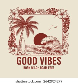 summer graphics print artwork. Hawwaii beach vibes print design. palm tree big waves t-shirt design. ride the waves slogan. mens graphic design