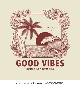 summer graphics print artwork. Hawwaii beach vibes print design. palm tree big waves t-shirt design. ride the waves slogan. mens graphic design