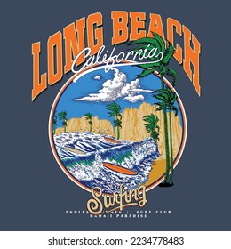 Summer Graphics print for Long Beach California surfing, A collection of vintage, modern, hand drawn and clean vector surf designs. Summer vibes tropical graphic print design for t shirt, poster.