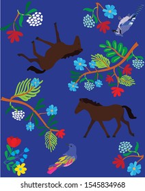 Summer graphics with tropical leaves, horse, bird and colorful flowers. Spring summer collection. Flat graphic. Seamless pattern