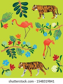 Summer graphics with tropical leaves, tiger, flamingo and colorful flowers. Spring summer collection. Flat graphic. Pattern