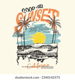 summer graphics for  waves sunset long beach, Long beach, summer vibes hand draw, summer beach slogan with  illustration, Hawaii, Aloha surf typography for t-shirt print , beach vector print